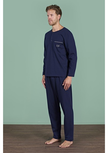 Erkek Lacivert Uzun Kollu Düğmeli Yaka Cep Detaylı Pijama Takımı C8T3N91 fırsatları