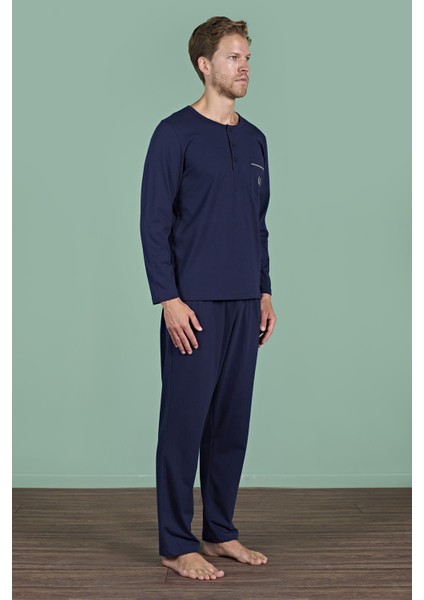 Erkek Lacivert Uzun Kollu Düğmeli Yaka Cep Detaylı Pijama Takımı C8T3N91 indirimleri