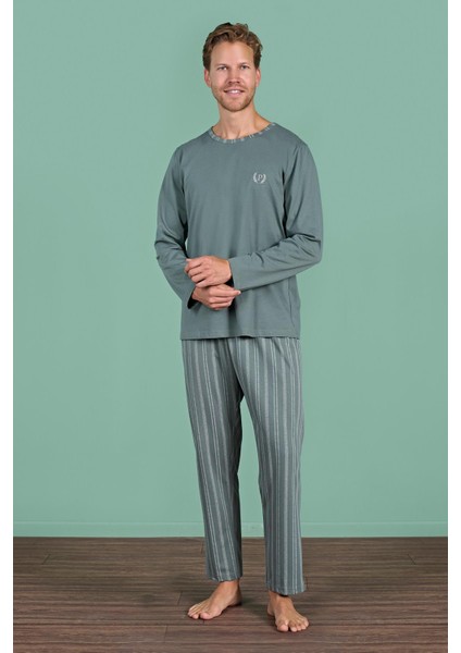 Erkek Yeşil Renk Uzun Kollu Yuvarlak Yaka Çizgili Detaylı Pijama Takımı C0T4N91