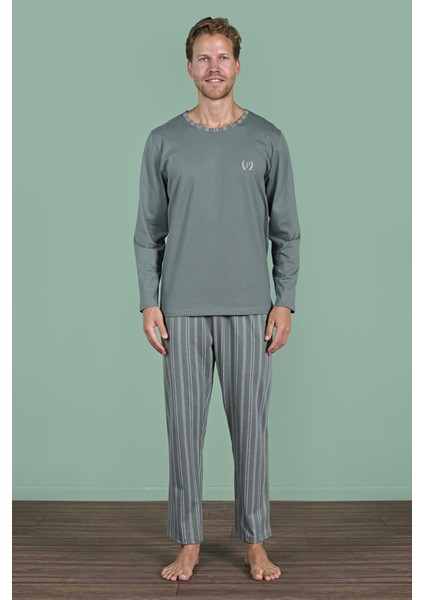 Erkek Yeşil Renk Uzun Kollu Yuvarlak Yaka Çizgili Detaylı Pijama Takımı C0T4N91 fiyatları