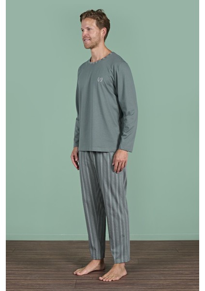Erkek Yeşil Renk Uzun Kollu Yuvarlak Yaka Çizgili Detaylı Pijama Takımı C0T4N91 fırsatları