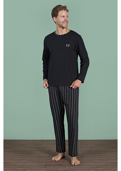 Erkek Siyah Renk Uzun Kollu Yuvarlak Yaka Çizgili Detaylı Pijama Takımı C0T4N91