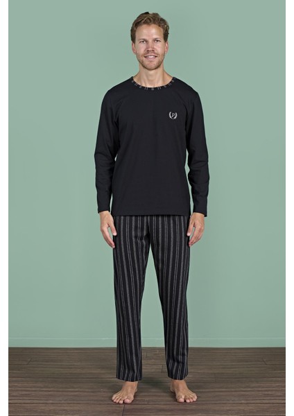 Erkek Siyah Renk Uzun Kollu Yuvarlak Yaka Çizgili Detaylı Pijama Takımı C0T4N91 fiyatları