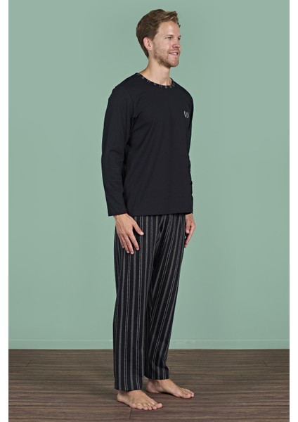 Erkek Siyah Renk Uzun Kollu Yuvarlak Yaka Çizgili Detaylı Pijama Takımı C0T4N91 modelleri