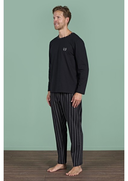 Erkek Siyah Renk Uzun Kollu Yuvarlak Yaka Çizgili Detaylı Pijama Takımı C0T4N91 fırsatları