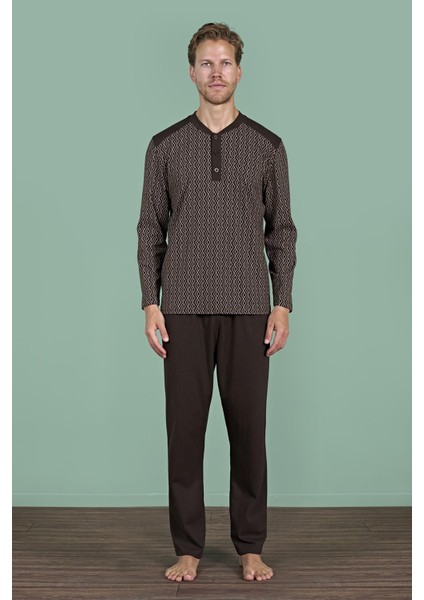 Erkek Kahverengi Geometrik Desenli Uzun Kollu Düğmeli Yaka Pijama Takımı C3T3N91 fiyatları
