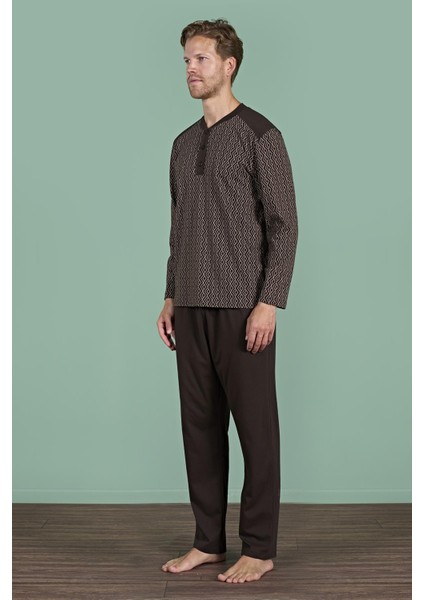 Erkek Kahverengi Geometrik Desenli Uzun Kollu Düğmeli Yaka Pijama Takımı C3T3N91 fırsatları