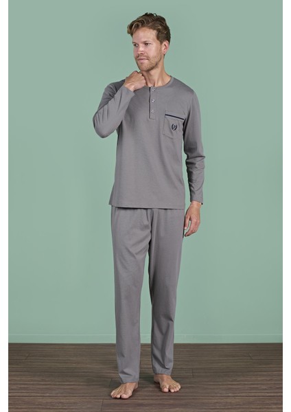 Erkek Gri Uzun Kollu Düğmeli Yaka Cep Detaylı Pijama Takımı C8T3N91