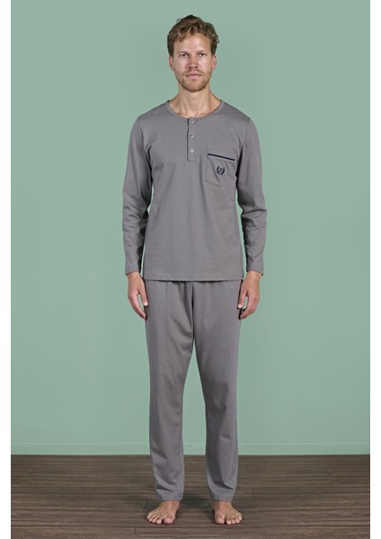 Erkek Gri Uzun Kollu Düğmeli Yaka Cep Detaylı Pijama Takımı C8T3N91 fiyatları