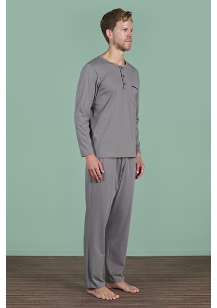 Erkek Gri Uzun Kollu Düğmeli Yaka Cep Detaylı Pijama Takımı C8T3N91 modelleri
