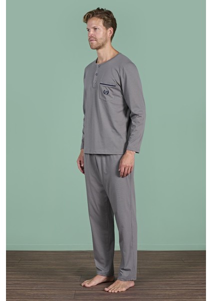 Erkek Gri Uzun Kollu Düğmeli Yaka Cep Detaylı Pijama Takımı C8T3N91 fırsatları