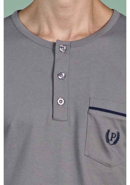 Erkek Gri Uzun Kollu Düğmeli Yaka Cep Detaylı Pijama Takımı C8T3N91 indirimleri