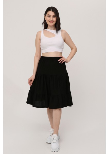 Belmando Viskon Kumaş Midi Boy Siyah Şort Etek