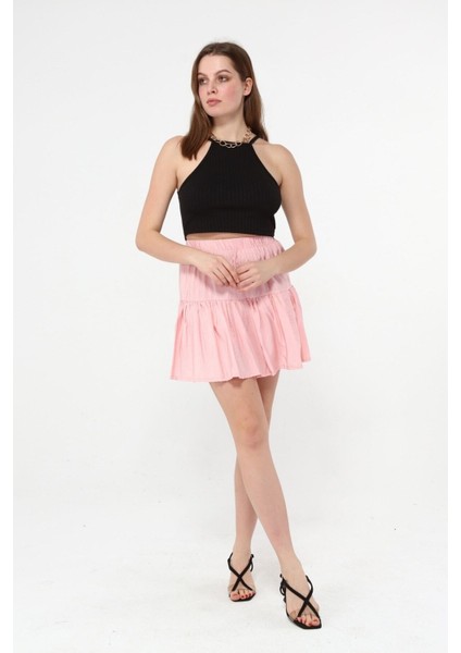 Düz Pembe Renk Beli Lastikli Şort Etek