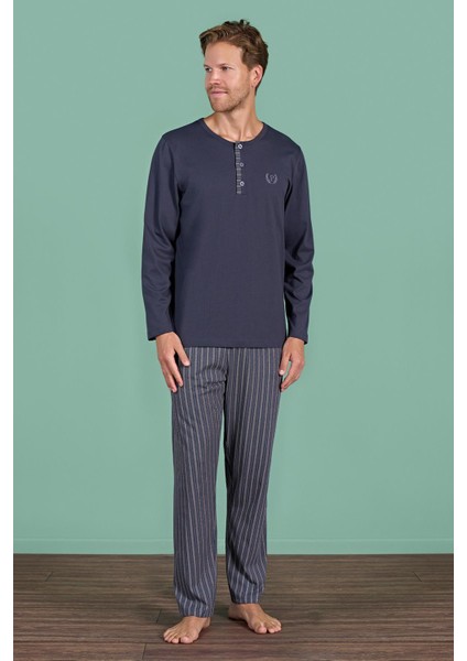 Erkek Füme Uzun Kollu Düğmeli Yaka Şerit Detaylı Alt Pijama Takımı C4T3N91