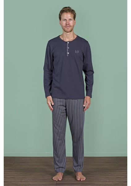 Erkek Füme Uzun Kollu Düğmeli Yaka Şerit Detaylı Alt Pijama Takımı C4T3N91 fiyatları