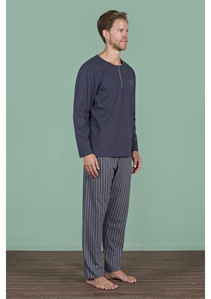 Erkek Füme Uzun Kollu Düğmeli Yaka Şerit Detaylı Alt Pijama Takımı C4T3N91 modelleri