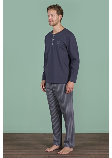 Erkek Füme Uzun Kollu Düğmeli Yaka Şerit Detaylı Alt Pijama Takımı C4T3N91 fırsatları