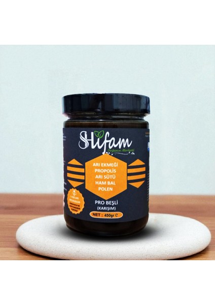 Beşli Karışım (Bal, Propolis, Arı Sütü, Arı Ekmeği,polen) Karışım 450 gr