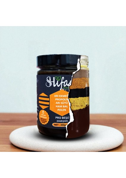 Beşli Karışım (Bal, Propolis, Arı Sütü, Arı Ekmeği,polen) Karışım 450 gr modelleri