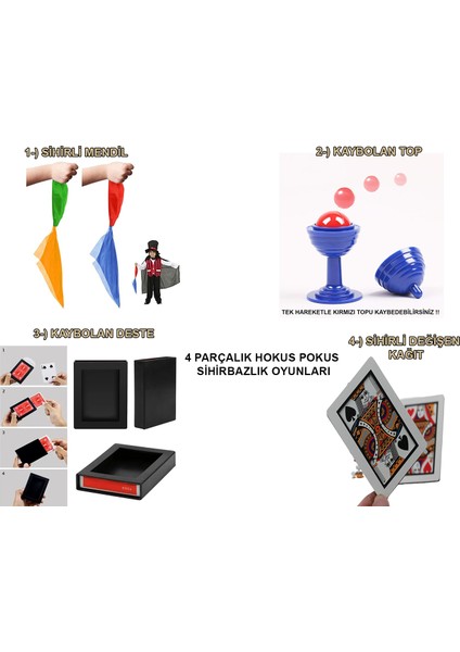 4&apos;lü Sihirbazlık Seti - Hokus Pokus Sihirli Numara Seti-Kupa-Mendil-Deste-Iskambil (5256)