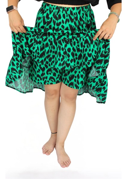Yeşil Leopar Viskon Kumaş Midi Boy Kadın Şort Etek fırsatları
