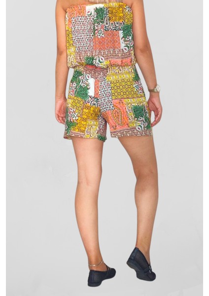 Viskon Kumaş Desenli Mini Boy Straplez Kadın Tulum fiyatları