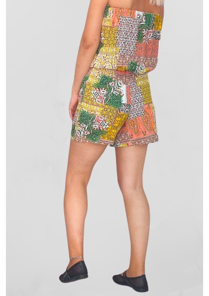 Viskon Kumaş Desenli Mini Boy Straplez Kadın Tulum fırsatları