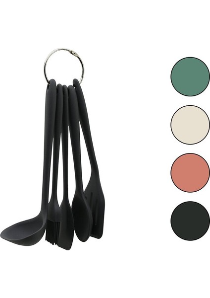 5pcs MİNİ=20-21CM Renkli Silikon Mutfak Servis Seti Kaşık - Kepçe - Yan - Delikli Spatula - Y.fırçası (5256)