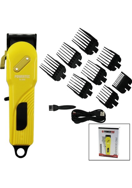 Saç - Sakal Kesme Traş Makinesi Sarı - Siyah Gövde - USB Şarjlı Göstergeli - Tarak Ayar Mandallı PRO-TR-3000 (5256)