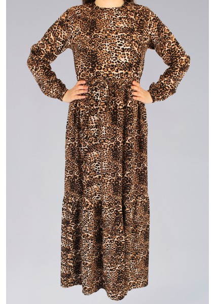 Leopar Desenli Viskon Kumaş Uzun Tesettür Elbise modelleri