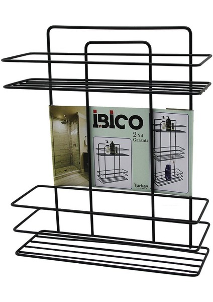 Siyah 2 Katlı - Dikdörtgen Metal Banyo Köşelik - Duşkabin Raf - Şampuanlık (5256)