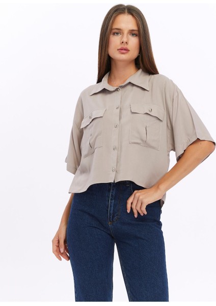 Viskon Kumaş Bej Kadın Gömlek