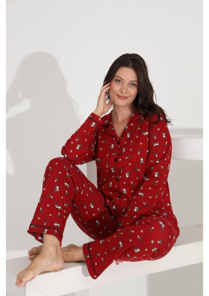 %100 Pamuk Uzun Kol Boydan Düğmeli Cepli Kadın Pijama Takımı 98302-303