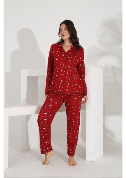 %100 Pamuk Uzun Kol Boydan Düğmeli Cepli Kadın Pijama Takımı 98302-303 modelleri