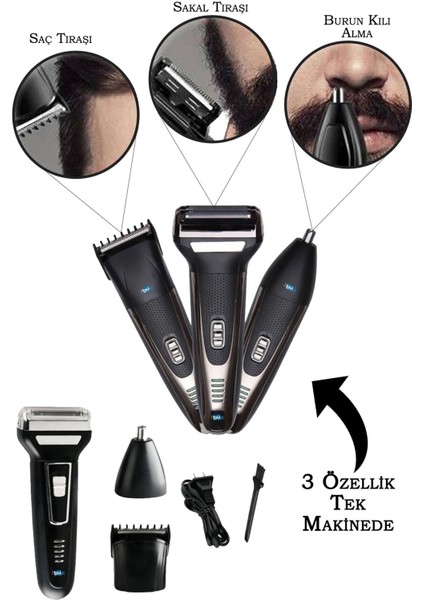 3 In 1 Saç Sakal Kesme Ense Burun Tıraş Makinesi Seti (5256) fırsatları
