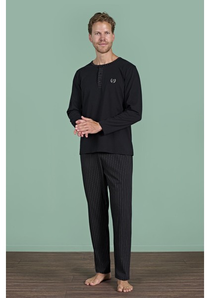 Erkek Siyah Uzun Kollu Şerit Detaylı Düğmeli Yaka Pijama Takımı C1T3N91