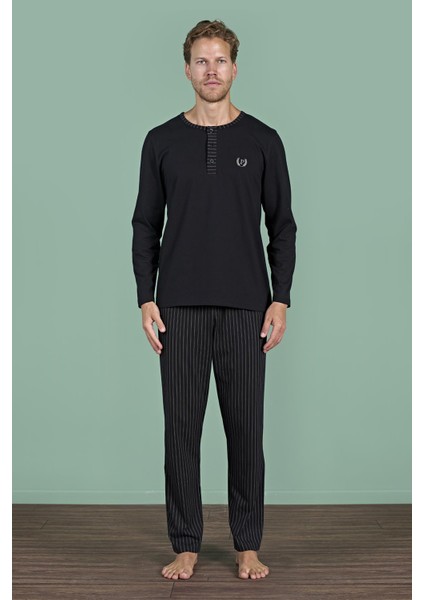 Erkek Siyah Uzun Kollu Şerit Detaylı Düğmeli Yaka Pijama Takımı C1T3N91 fiyatları