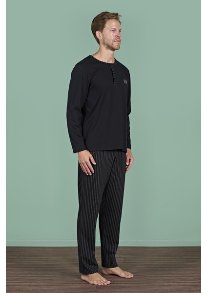 Erkek Siyah Uzun Kollu Şerit Detaylı Düğmeli Yaka Pijama Takımı C1T3N91 modelleri