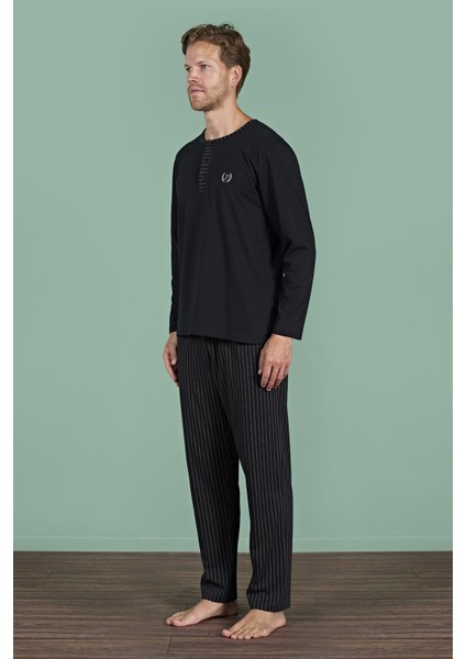 Erkek Siyah Uzun Kollu Şerit Detaylı Düğmeli Yaka Pijama Takımı C1T3N91 fırsatları