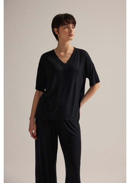 Kadın Viskon Kısa Kollu V Yaka Pijama Üstü modelleri