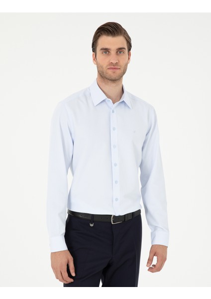 Erkek Açık Mavi Regular Fit Armürlü Uzun Kollu Gömlek 50294729-VR003