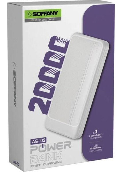 AG02-001 20.000 mAh P.Bank 2 Type-C + 1 USB Çıkışlı Beyaz