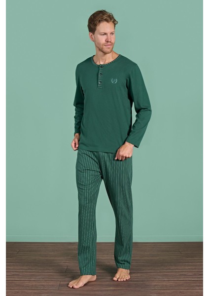 Erkek Yeşil Uzun Kollu Şerit Detaylı Düğmeli Yaka Pijama Takımı C1T3N91