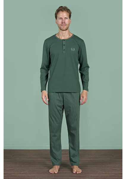 Erkek Yeşil Uzun Kollu Şerit Detaylı Düğmeli Yaka Pijama Takımı C1T3N91 fiyatları