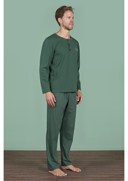 Erkek Yeşil Uzun Kollu Şerit Detaylı Düğmeli Yaka Pijama Takımı C1T3N91 modelleri