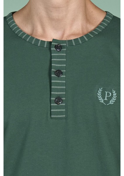 Erkek Yeşil Uzun Kollu Şerit Detaylı Düğmeli Yaka Pijama Takımı C1T3N91 indirimleri