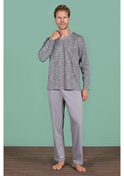 Erkek Gri V Yaka Uzun Kollu Pijama Takımı C2T3N91