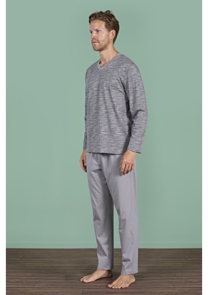 Erkek Gri V Yaka Uzun Kollu Pijama Takımı C2T3N91 fırsatları