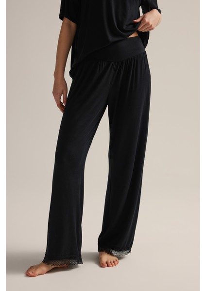 Kadın Viskon Dantel Detaylı Uzun Pijama Altı